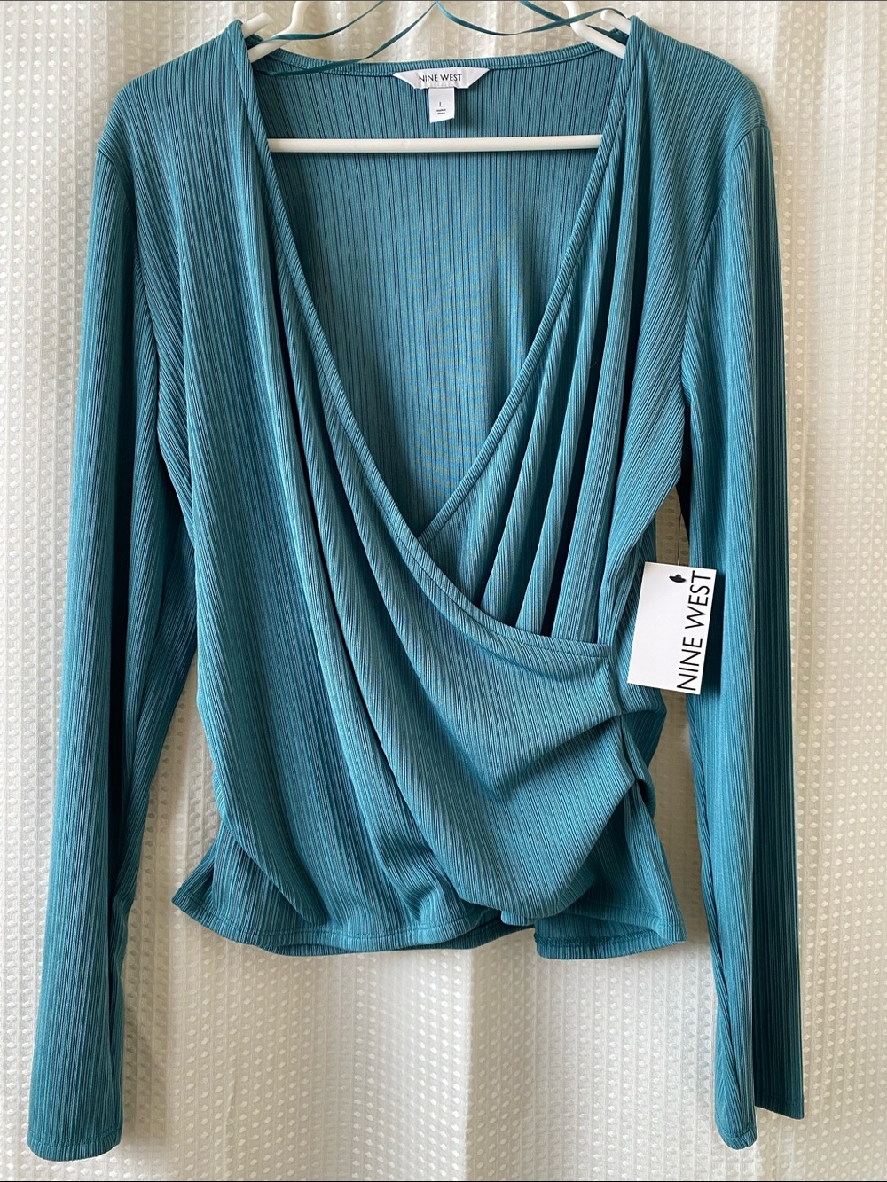 Nine West Teal Ribbed Surplice Long Sleeve Top